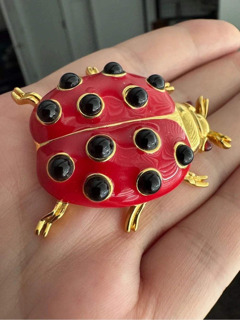 Vintage TRIFARI Insect Ladybug Beetle Bug Brooch Red Enamel Black Lucite Spots